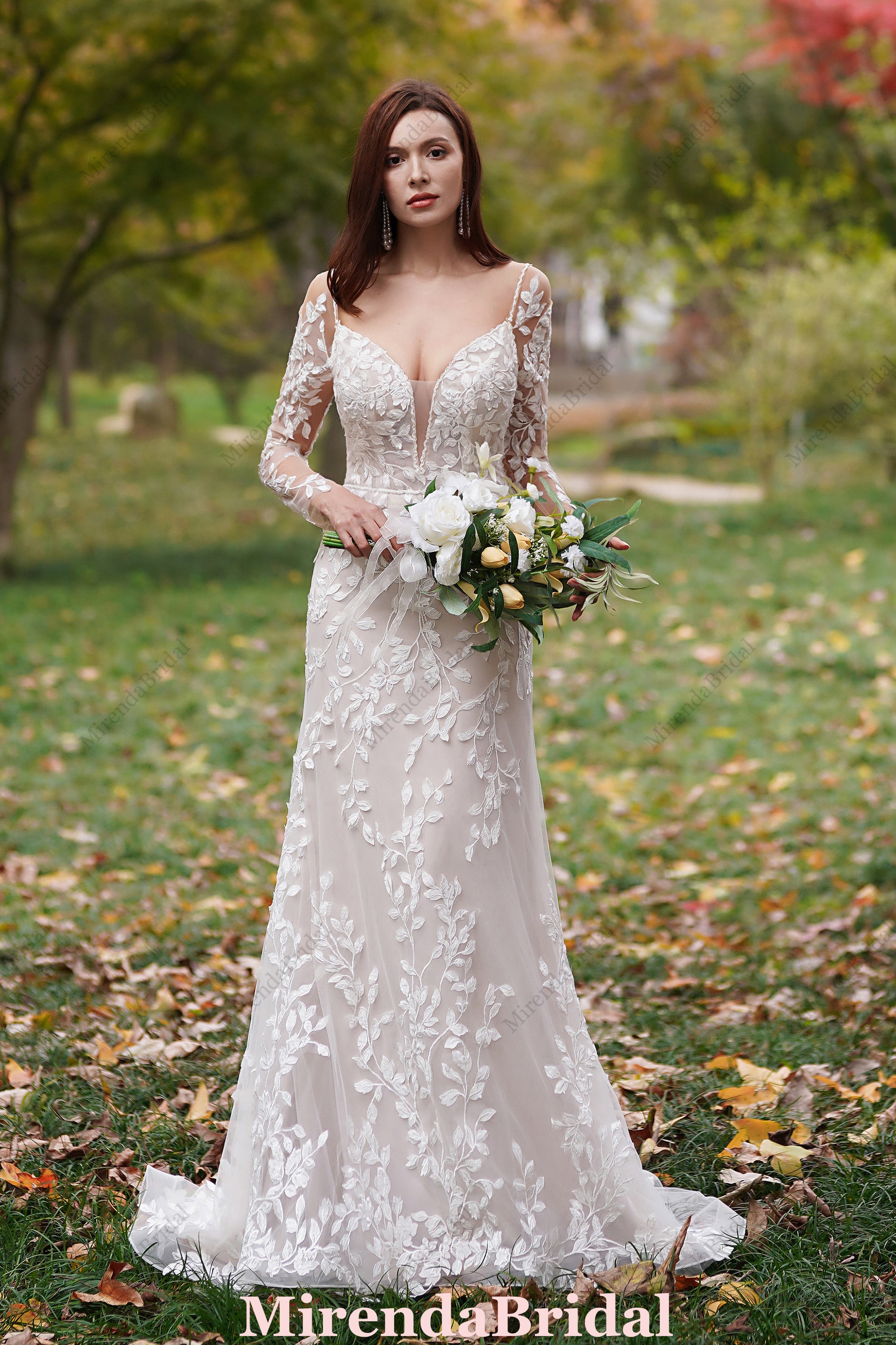 Delicate 3D Lace Hand Beaded Straps Gown With Sleeves