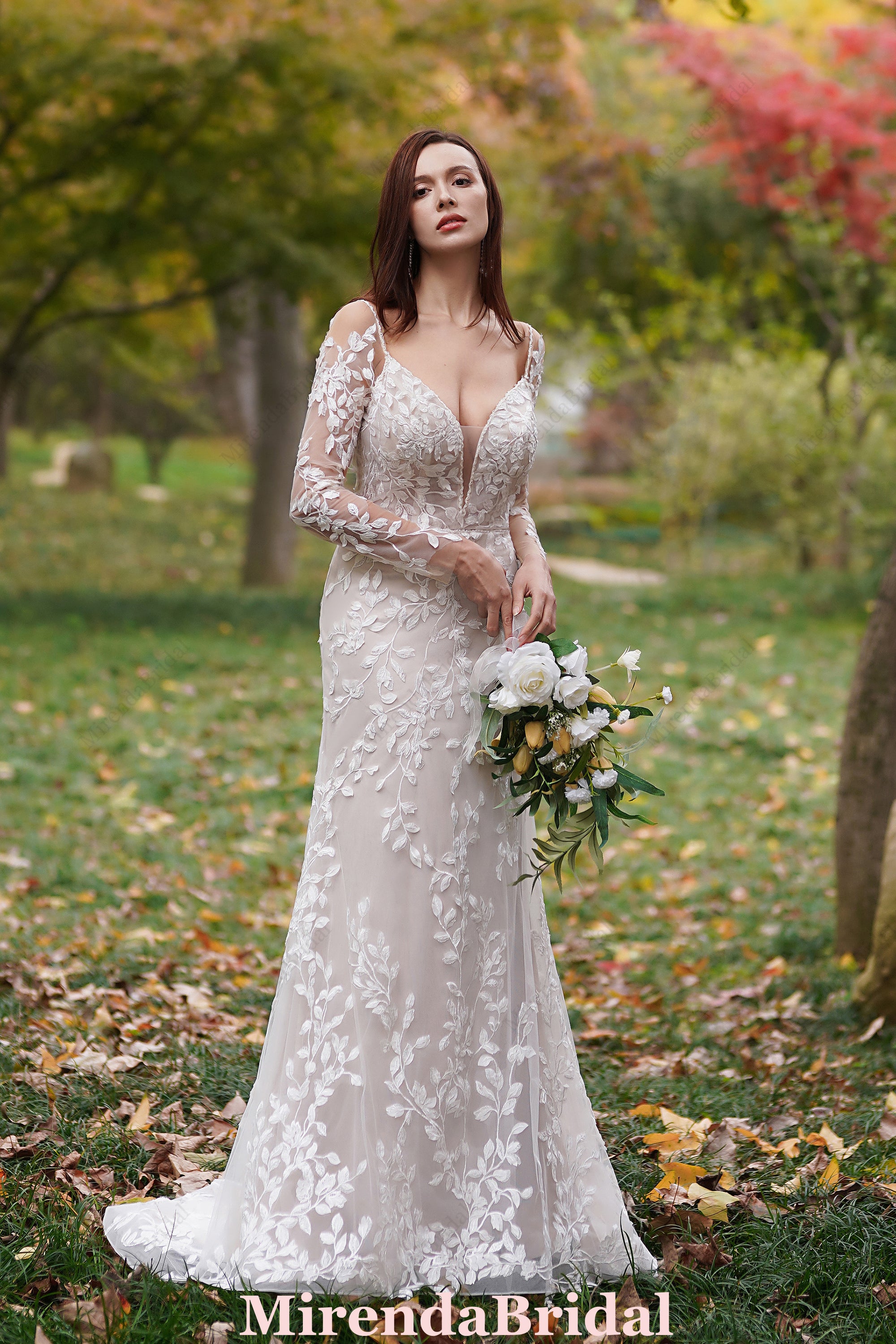 Delicate 3D Lace Hand Beaded Straps Gown With Sleeves