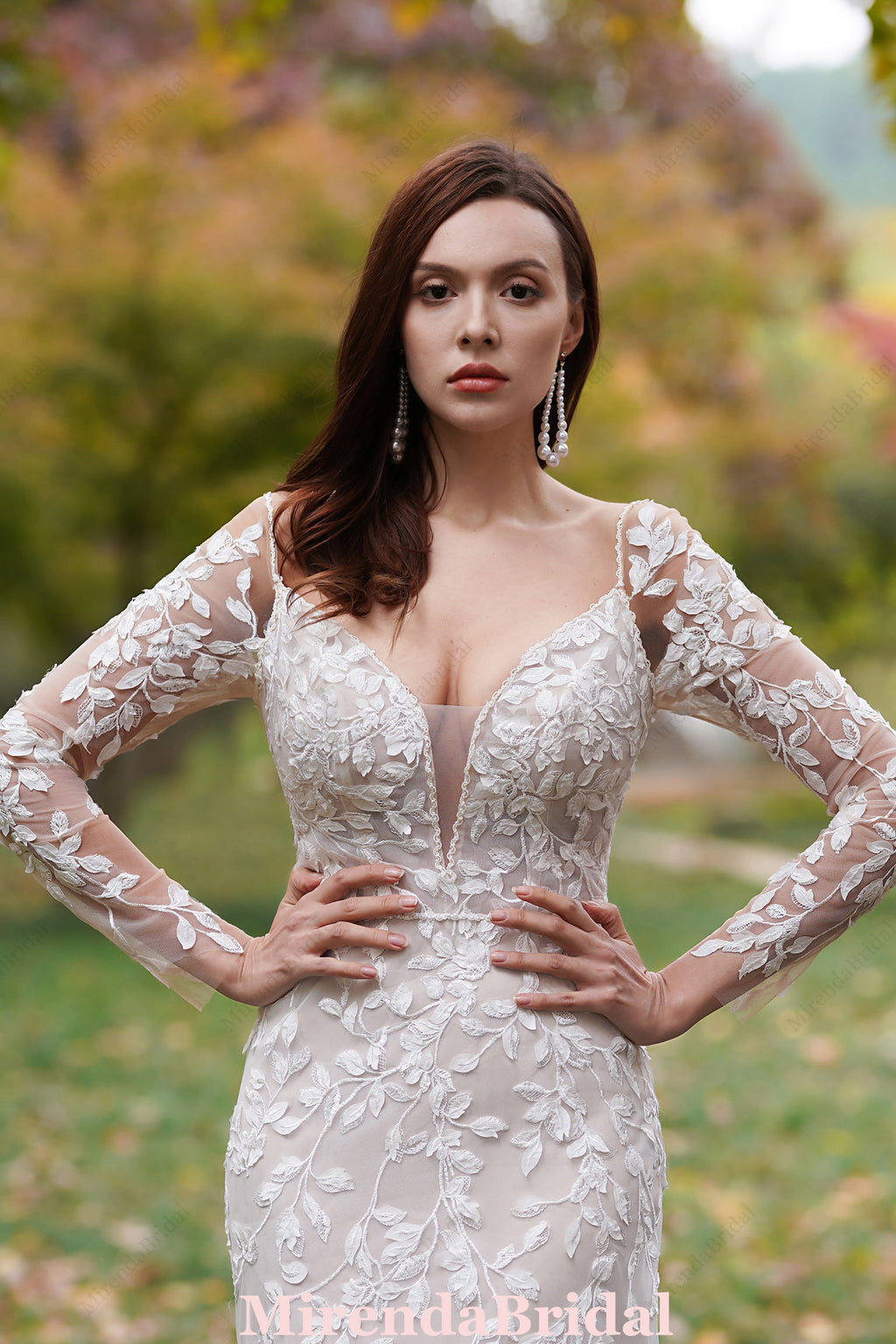 Delicate 3D Lace Hand Beaded Straps Gown With Sleeves