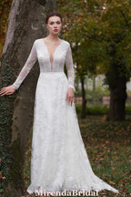 Romantic Floral Lace Beaded Bridal Gown With Long Sleeves