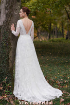 Romantic Floral Lace Beaded Bridal Gown With Long Sleeves