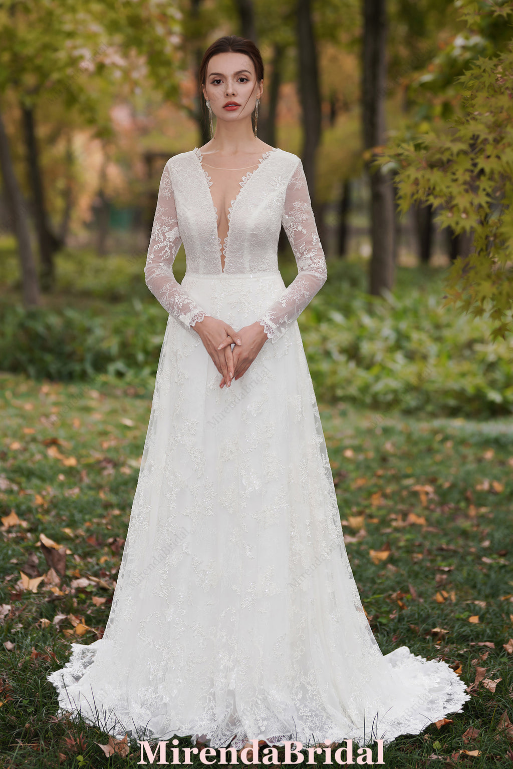 Romantic Floral Lace Beaded Bridal Gown With Long Sleeves
