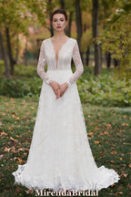 Romantic Floral Lace Beaded Bridal Gown With Long Sleeves