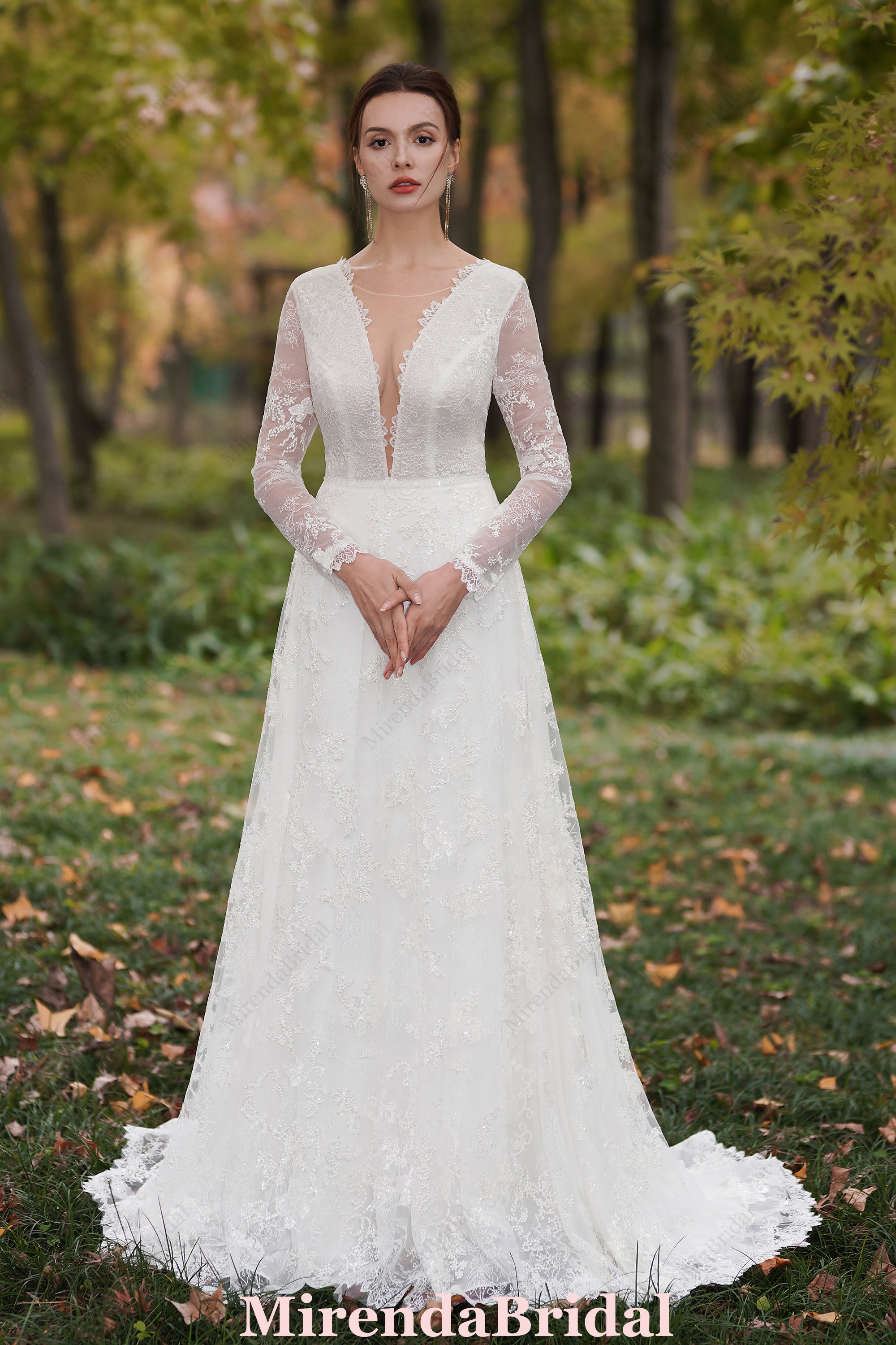 Romantic Floral Lace Beaded Bridal Gown With Long Sleeves