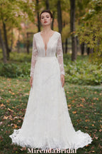 Romantic Floral Lace Beaded Bridal Gown With Long Sleeves