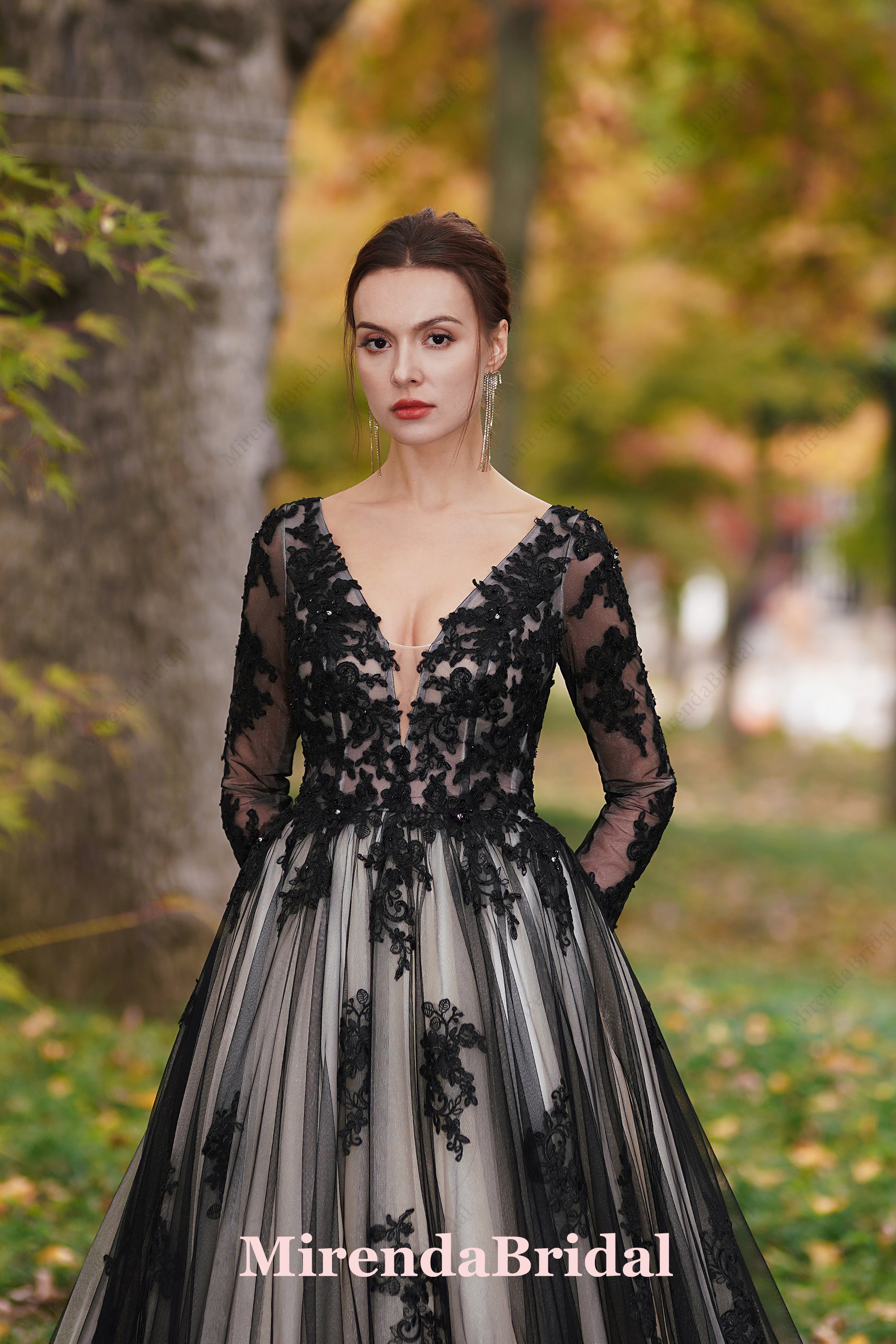 Black Over Nude Beaded Appliques Wedding Dress