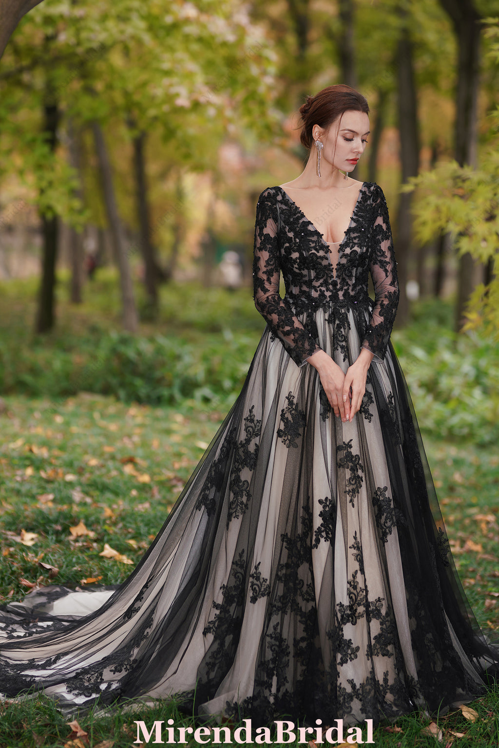 Black Over Nude Beaded Appliques Wedding Dress