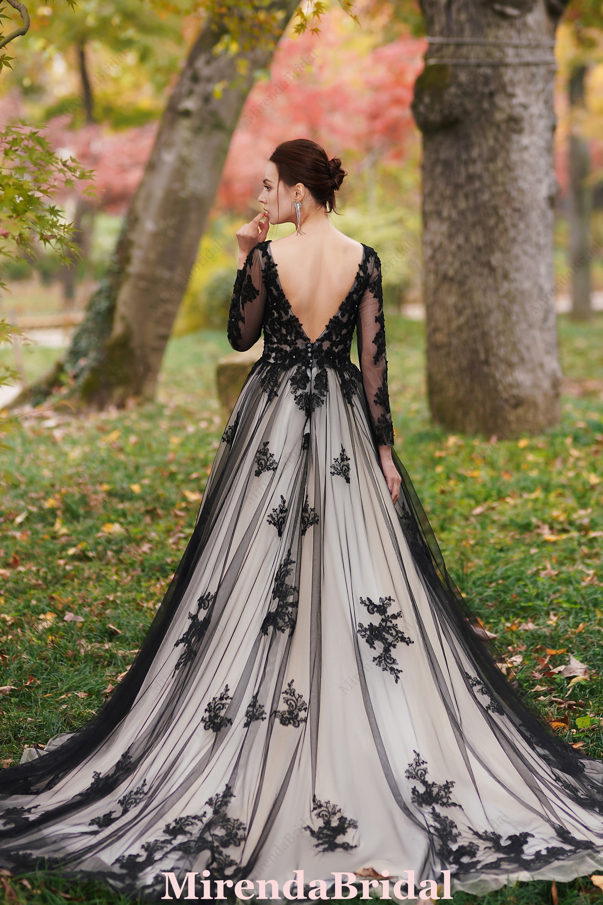 Black Over Nude Beaded Appliques Wedding Dress