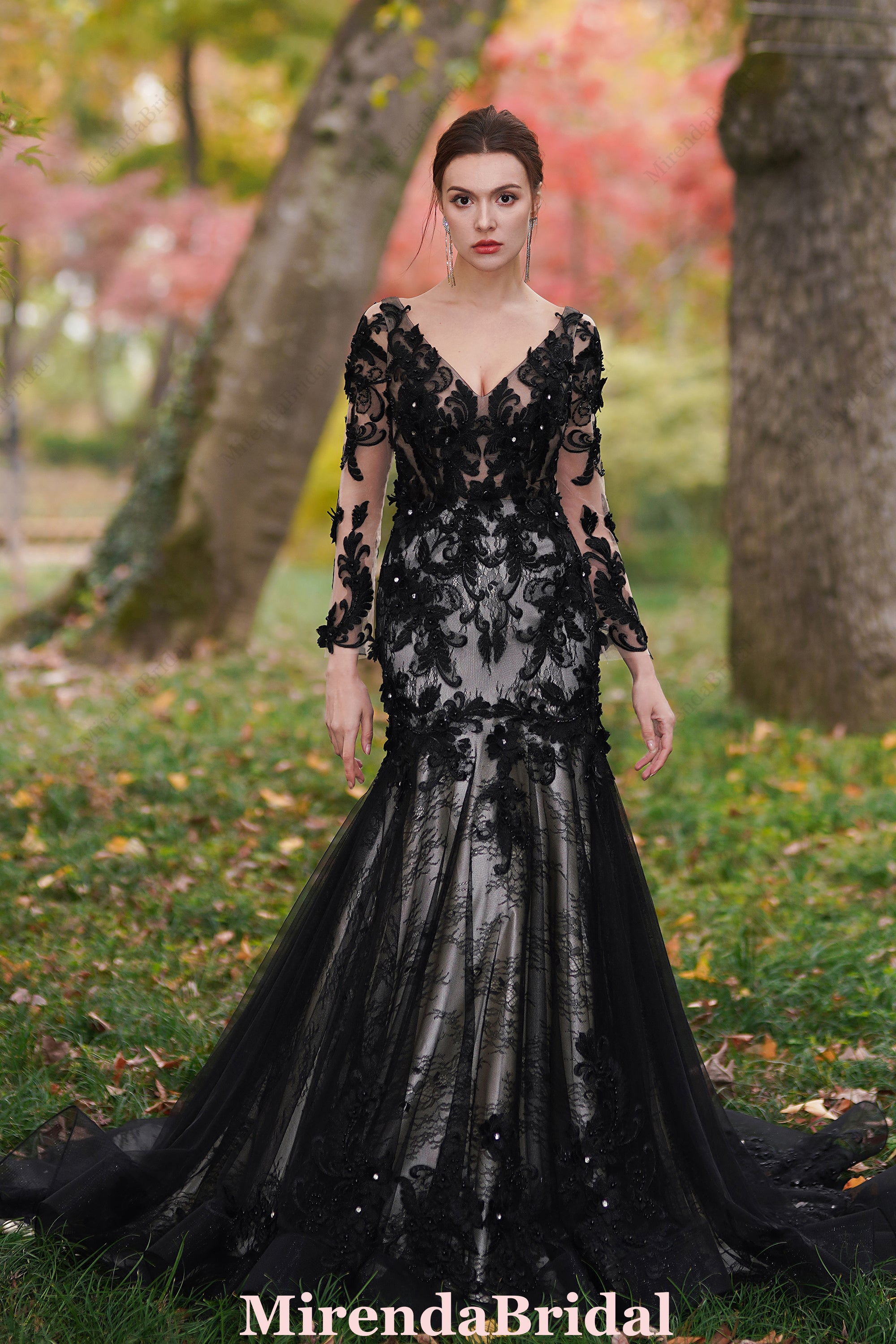 Black Flower Wedding Dress With Illusion Detachable Sleeves