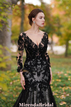 Black Flower Wedding Dress With Illusion Detachable Sleeves