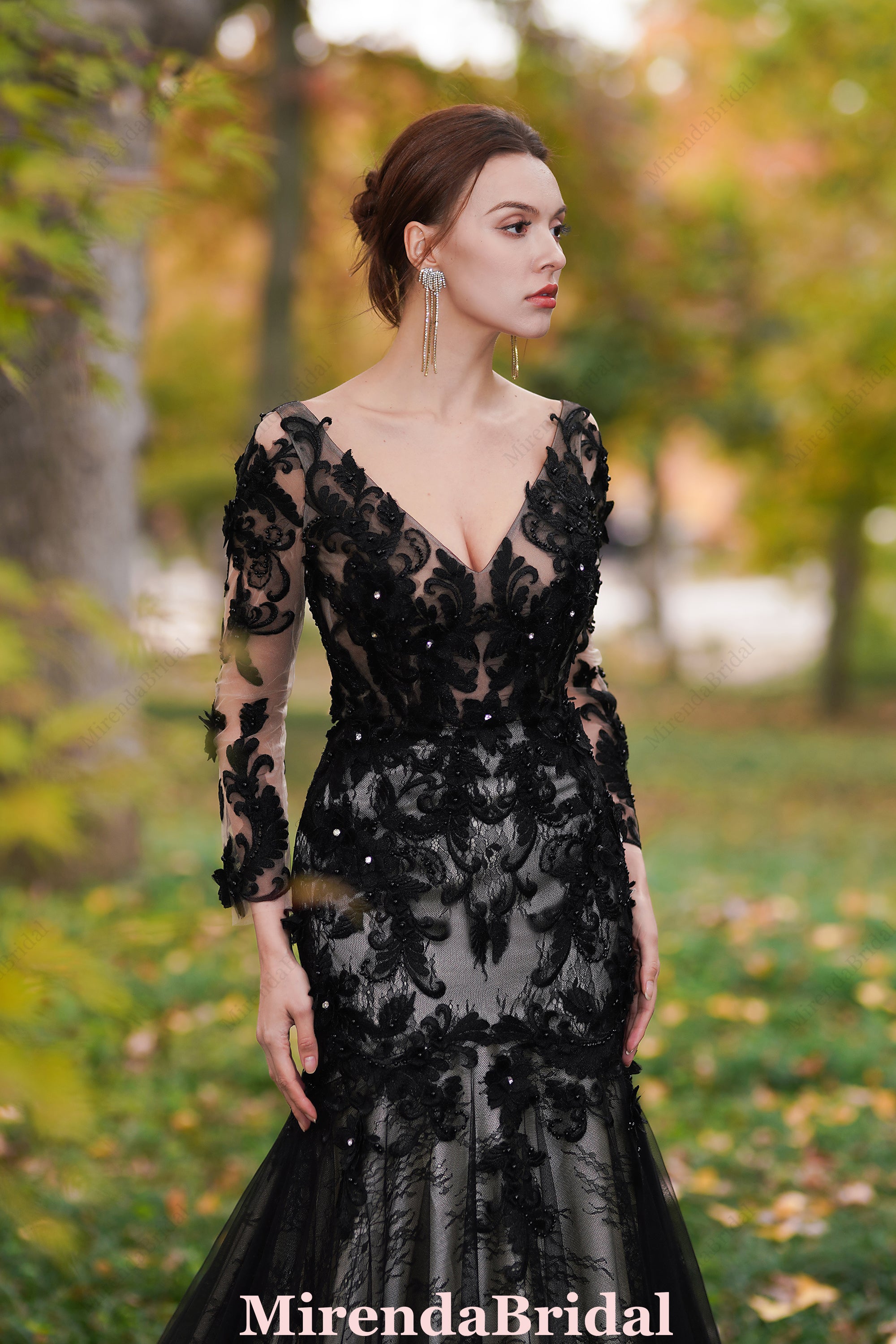 Black Flower Wedding Dress With Illusion Detachable Sleeves