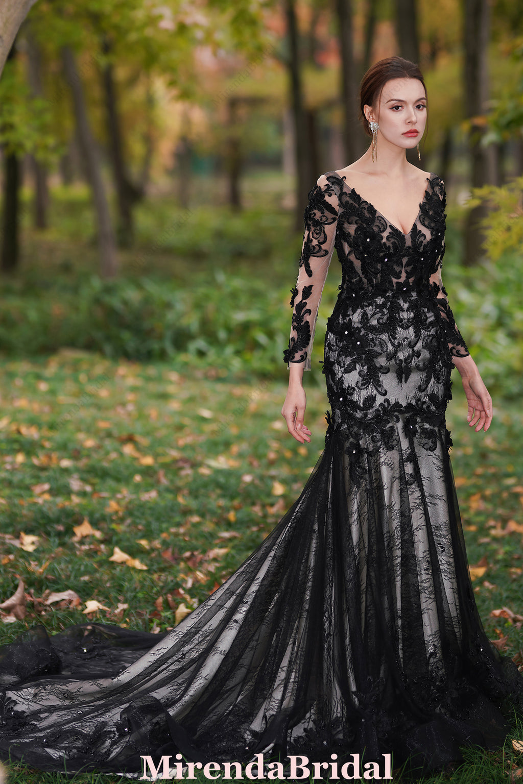 Black Flower Wedding Dress With Illusion Detachable Sleeves