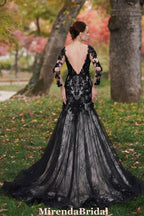 Black Flower Wedding Dress With Illusion Detachable Sleeves