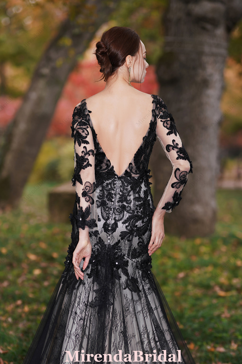 Black Flower Wedding Dress With Illusion Detachable Sleeves