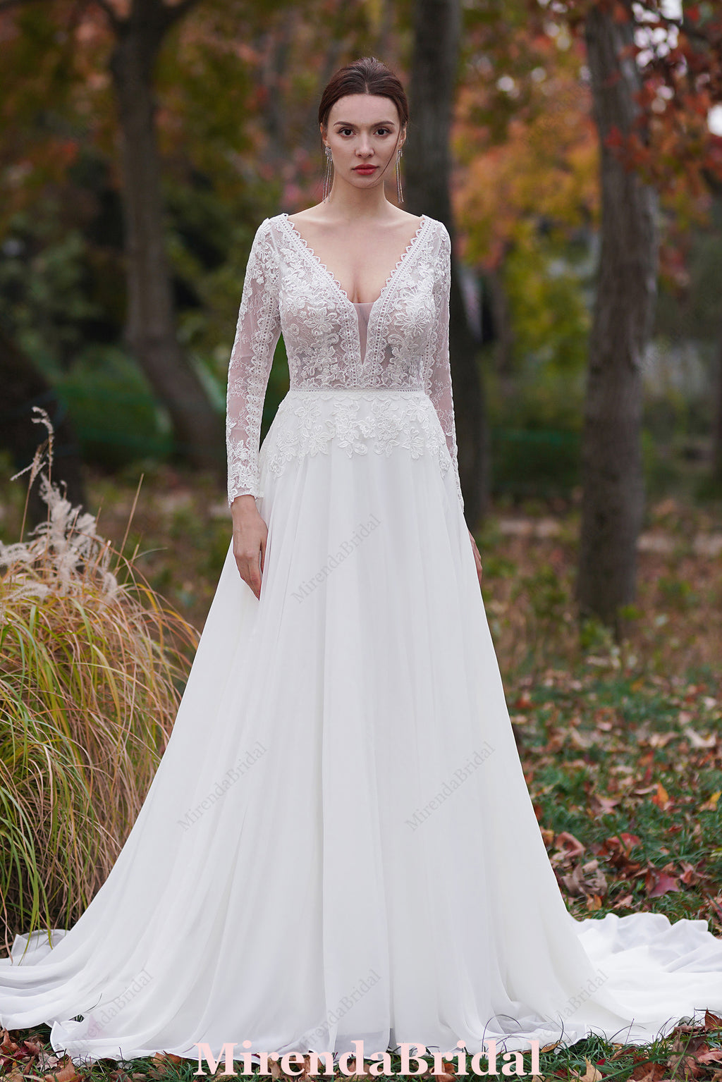 A-Line V-Neck Court Train Chiffon Wedding Dress