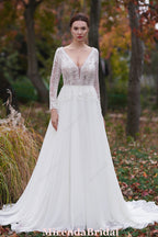 A-Line V-Neck Court Train Chiffon Wedding Dress