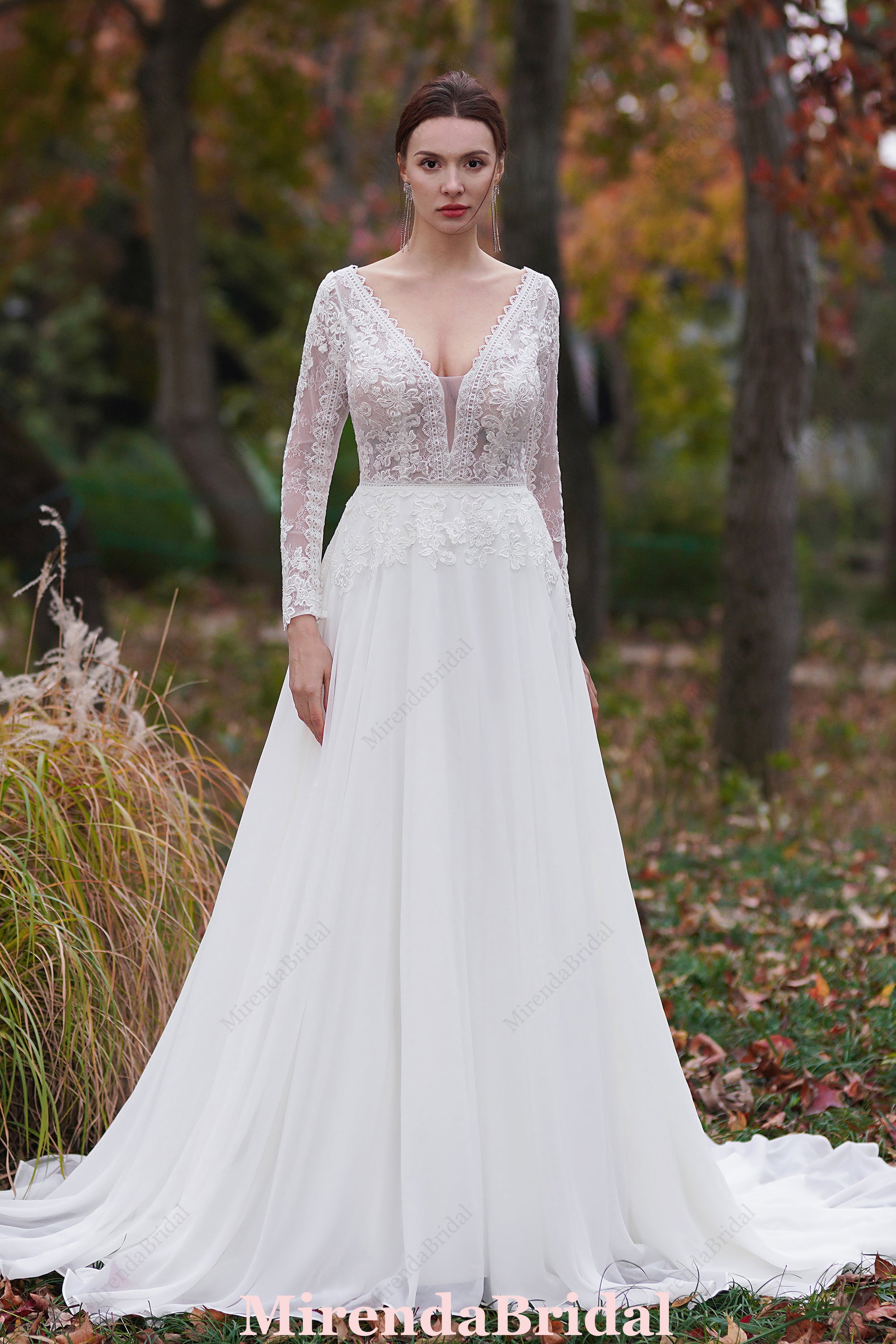 A-Line V-Neck Court Train Chiffon Wedding Dress