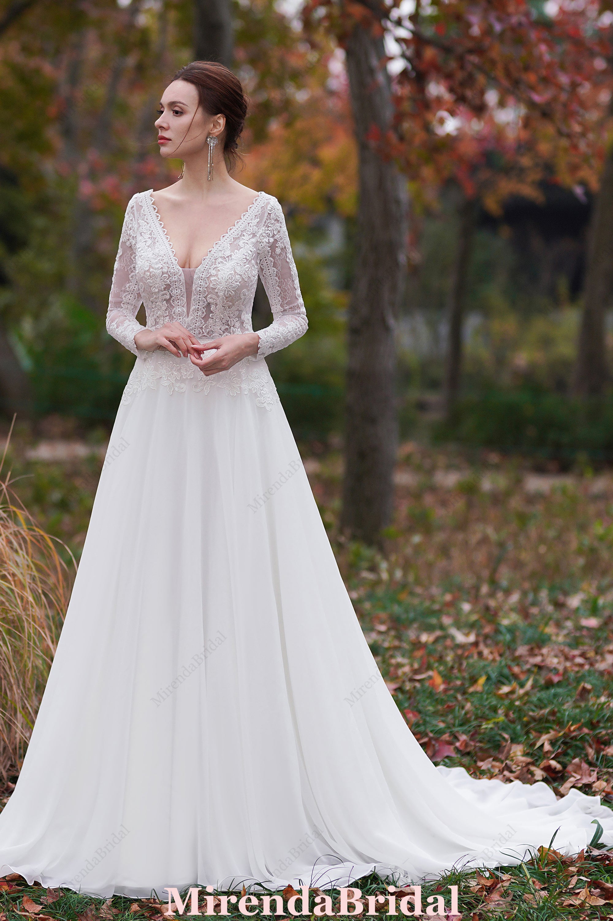 A-Line V-Neck Court Train Chiffon Wedding Dress