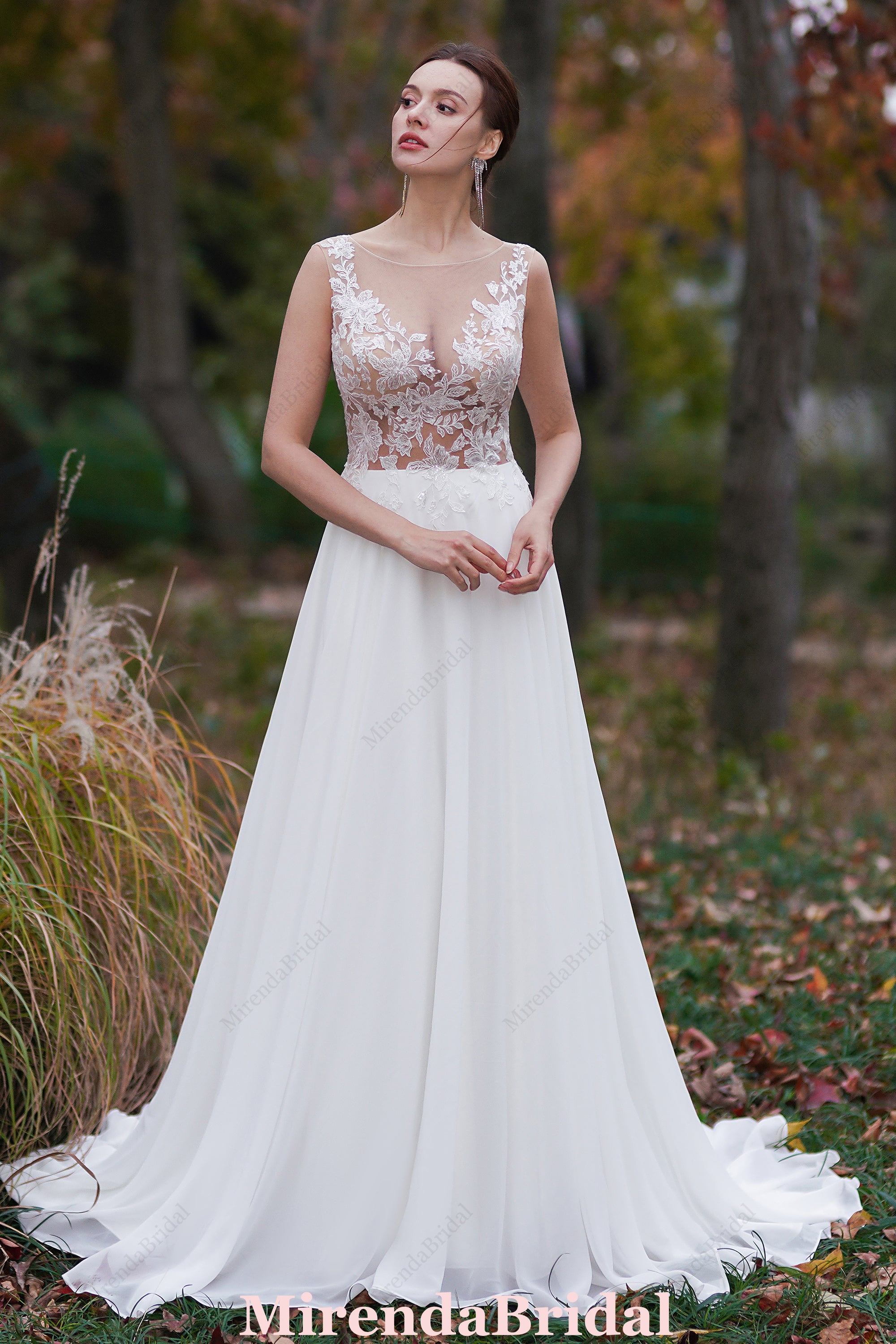 Sheer Lace Appliques Beach Wedding Dress