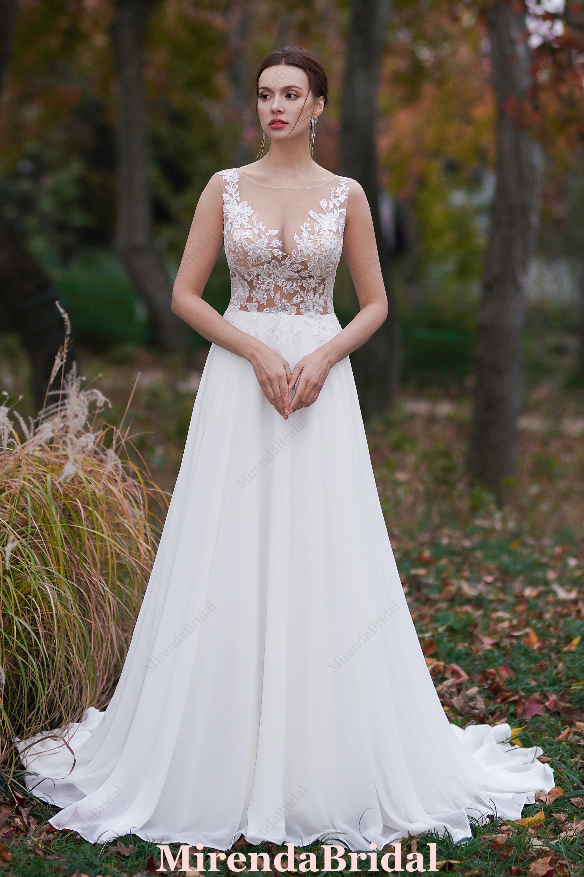 Sheer Lace Appliques Beach Wedding Dress