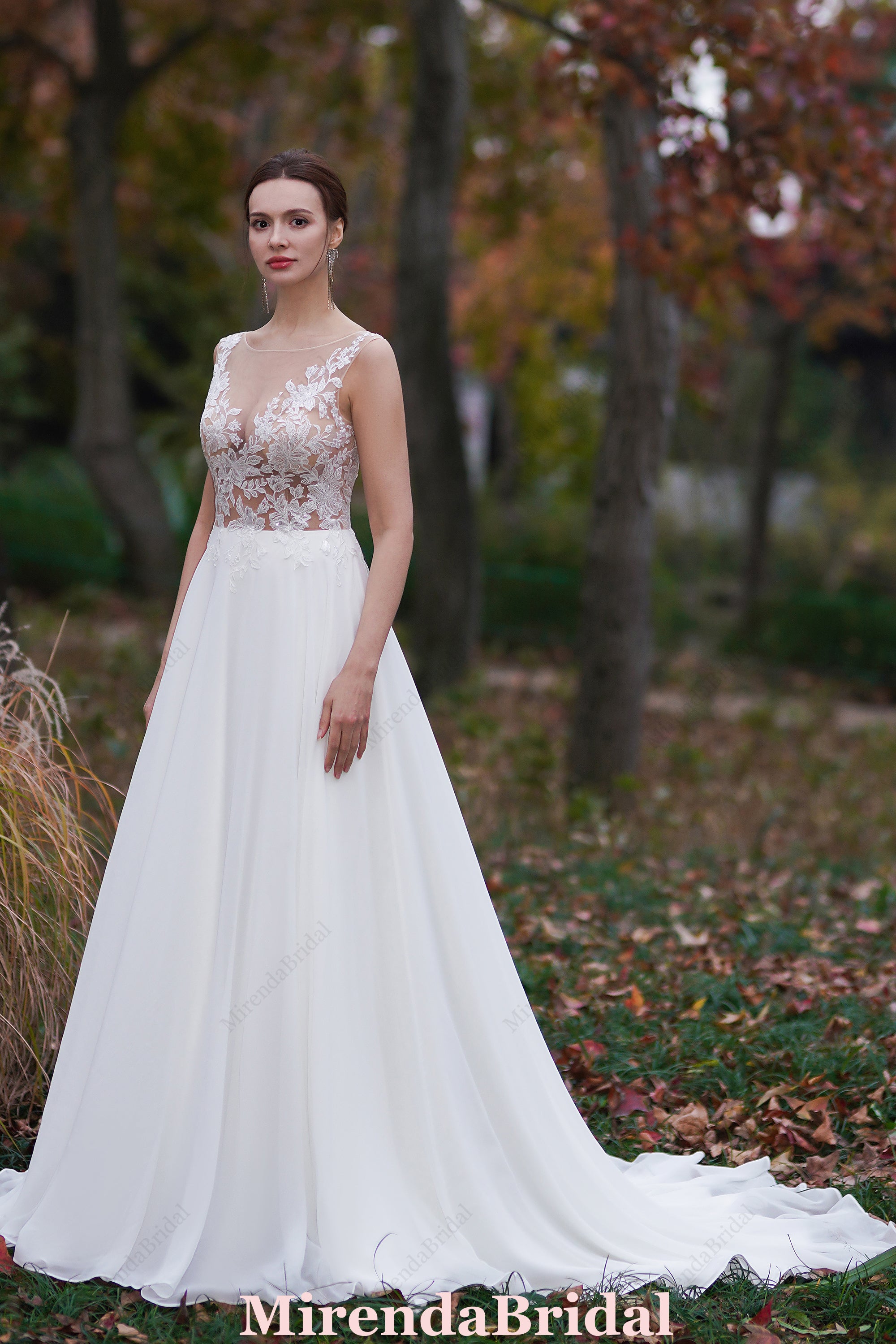 Sheer Lace Appliques Beach Wedding Dress